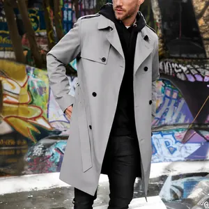 Gabardina gris de corte entallado para hombre con doble botonadura, estilo urbano de otoño