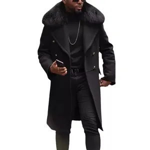 Classic men's double-breasted wool coat with a large luxurious black faux fur collar