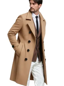 Elegante cappotto lungo di lana doppiopetto da uomo in cammello, stile casual aziendale