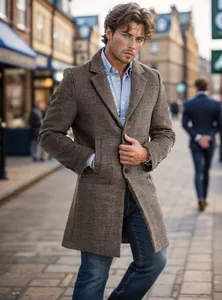 Detail of a men's slim fit brown plaid wool coat in a stylish European street setting.