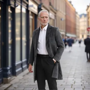 Sophisticated mens grey plaid wool overcoat styled in a classic European street setting.