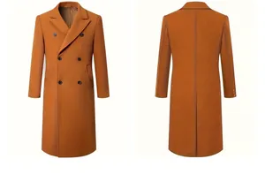 Vorder- und Rückansicht eines orangefarbenen, extra langen Wollmantels für Herren.