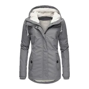 Women's stylish gray mid-length winter parka jacket with a warm fleece-lined hood