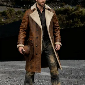 Macro detail of vintage brown suede coat with shearling lining and double-breasted buttons.