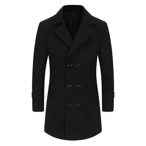 Front view of a men's slim fit double-breasted black wool overcoat with lapel collar