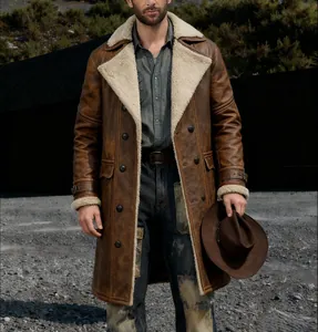 Rugged men's vintage brown suede coat featuring a warm shearling collar detail