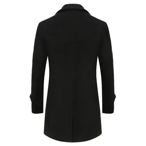 Back view of men's thick long black wool overcoat with slim fit design