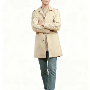 Elegant khaki male trench coat with lapel and slim fit design shown on a male model