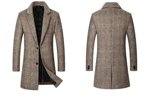 Front and back view of men's mid-length slim fit plaid wool coat with padded lining