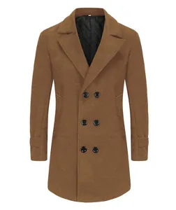 Langer Herren-Wollmantel in Kamel mit Steppfutter und klassischem Doppelreiher-Design für den Winter