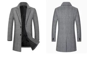 Men's grey plaid mid-length wool coat with quilted lining, front and back view