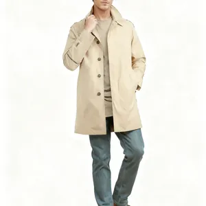 Detail shot of a professional men's slim-fit beige trench coat with single-breasted buttons