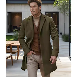 Manteau en laine mi-long pour homme vert olive de style britannique pour l'hiver