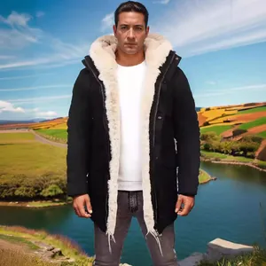 Zwarte winterparka voor heren met warme voering van imitatiebont, dikke jas met capuchon