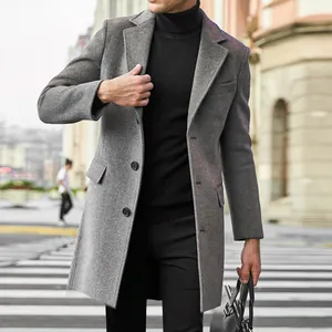 Cappotto da uomo in lana grigia stile britannico, maniche lunghe per autunno e inverno