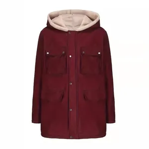 Bourgondische herenjas met capuchon, warme fleecevoering en drukknopen voor winter.