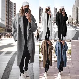 Detailed view of women's long wool trench coats available in five stylish urban colors