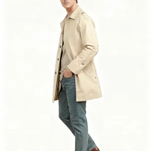 Professional side view of a men's slim fit single-breasted khaki trench coat in studio