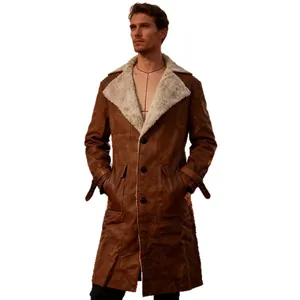 Men's vintage brown suede long coat featuring a warm faux fur collar and classic buttons