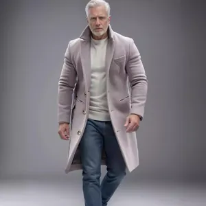 Eleganter mittellanger Wollmantel für Herren in Hellgrau, ideal für die Herbst- und Wintermode