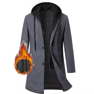 Heren winter wollen jas met capuchon, nep twee-delig design en gewatteerde voering