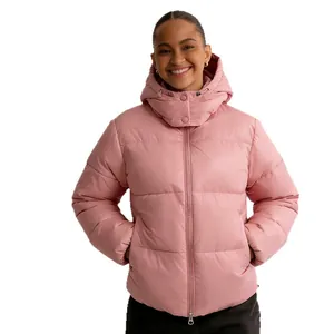 Women's pink hooded puffer jacket for winter, thick quilted coat with zip closure