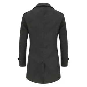 Detailed back view of professional charcoal grey men's long wool overcoat in slim fit