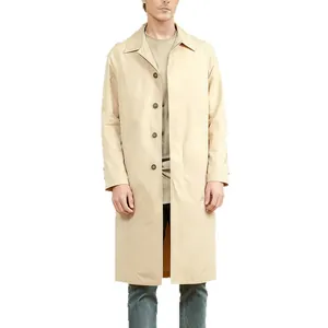 Men's stylish beige slim fit single-breasted long trench coat with classic lapel collar