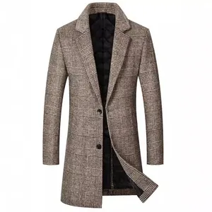 Men's plaid wool overcoat with quilted lining and notched lapel slim fit style