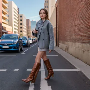 Grijze wollen jas met dubbele rij knopen voor dames, Britse straatmode detailweergave.