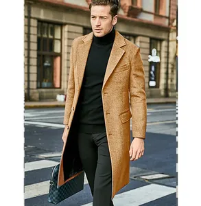 British style men's long camel wool overcoat for autumn and winter outdoor wear
