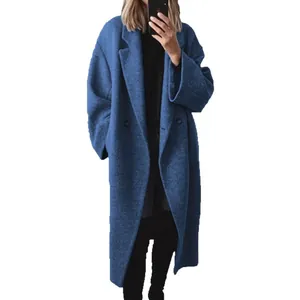 Women's elegant long blue wool blend overcoat with stylish lapel collar for winter