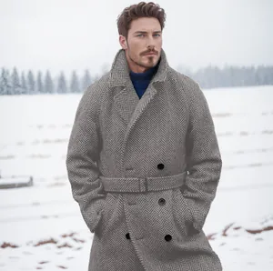 Manteau en Laine à Chevrons Vintage Britannique pour Hommes Double Boutonnage Rembourré Mi Long Plaid Trench Coat Avec Ceinture Pour Hiver Business Casual