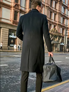 Rear view of a premium men's long black wool coat featuring elegant British street style