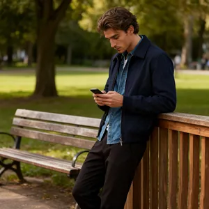 Men's minimalist navy blue zip-up harrington jacket with collar for spring autumn wear