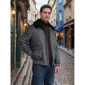 Close-up detail of a premium grey wool jacket for men featuring a stylish black fleece collar.