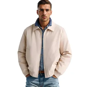 Men's minimalist beige zip-up lapel jacket for stylish commuting and casual wear