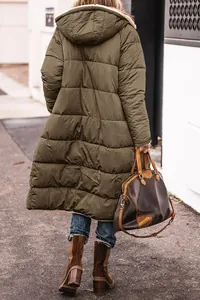 Back view of a women's long olive green hooded quilted puffer coat for winter warmth