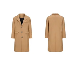 Detailed front and back views of classic British style long tan wool coat for men