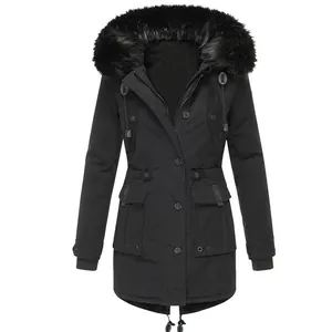 Front view of black women winter parka with luxurious fur hood and multiple utility pockets.