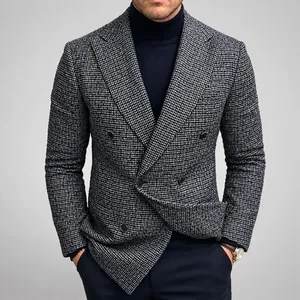 Slim fit herenblazer met dubbele knopenrij en pied-de-poule patroon voor casual zakelijk