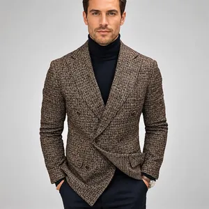 Stijlvolle bruin geruite double-breasted herenblazer voor een casual look