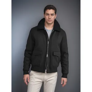Premium classic men's black wool jacket with shearling collar for autumn and winter wear