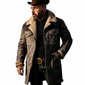 Veste vintage en daim patchwork pour hommes avec plusieurs poches et col chaud épais