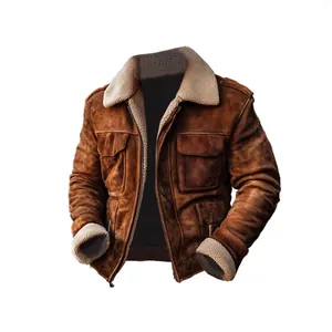 Close-up detail of men's vintage brown shearling aviator jacket with faux fur collar