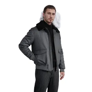 Men's stylish grey wool jacket with black fur collar for autumn and winter seasons