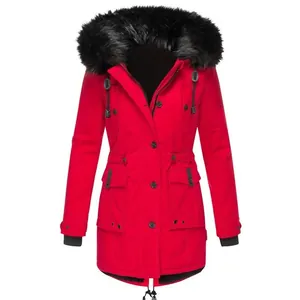 Front view of a red winter parka jacket with black faux fur hood and multiple pockets