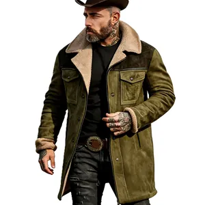 Professional detail view of an army green suede jacket featuring a warm fleece lapel collar