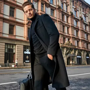 Elegant men's British style long wool overcoat in classic black for autumn and winter
