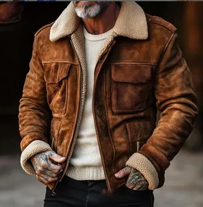 Close-up of vintage brown suede jacket with warm shearling collar and zip-up detail
